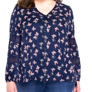 Lane Bryant Navy Blue Butterfly Print Blouse